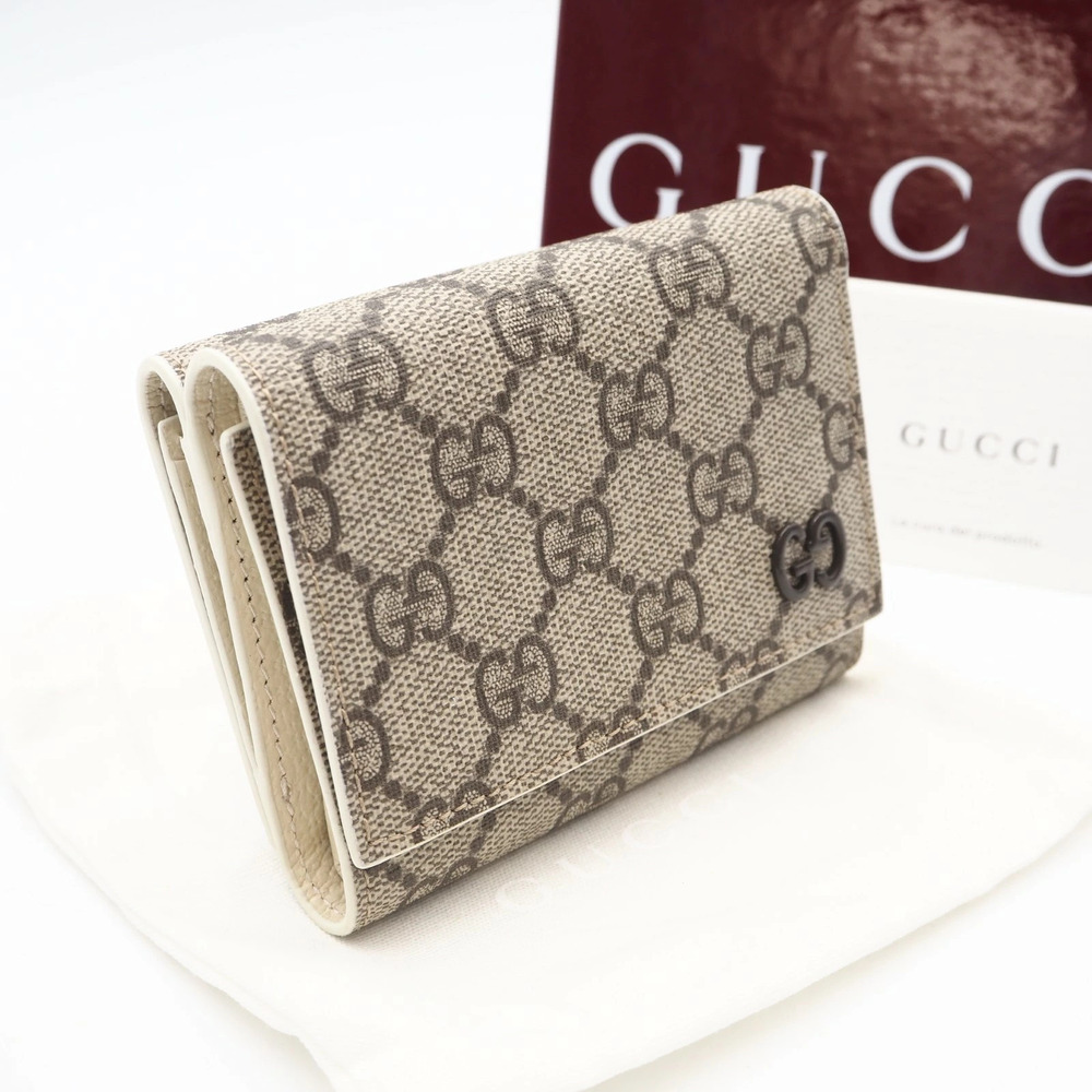 Gucci GG Supreme Compact Wallet Tri fold beige brown white canvas leather